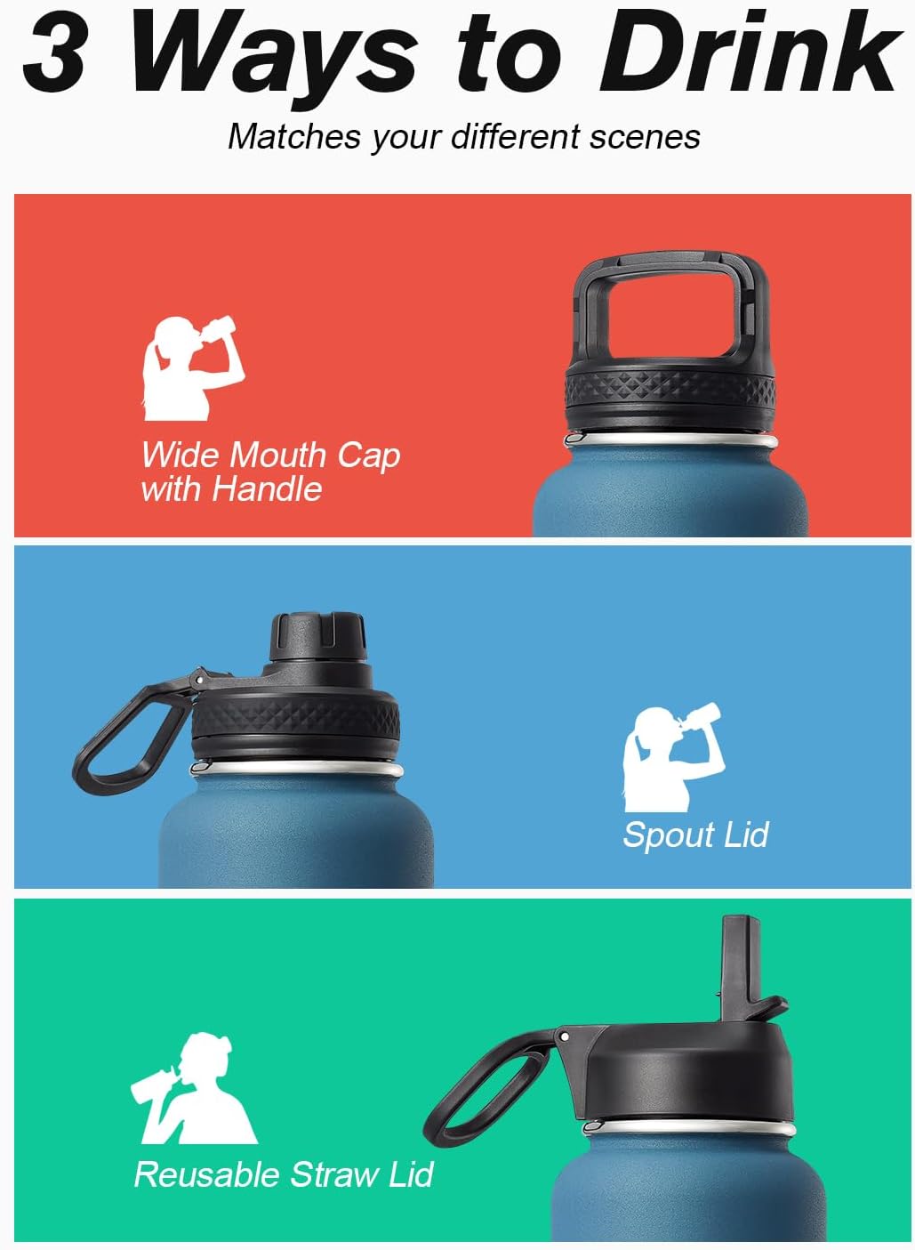 Coolflask Botella de agua de 40 onzas aislada con popote y 3 tapas a prueba