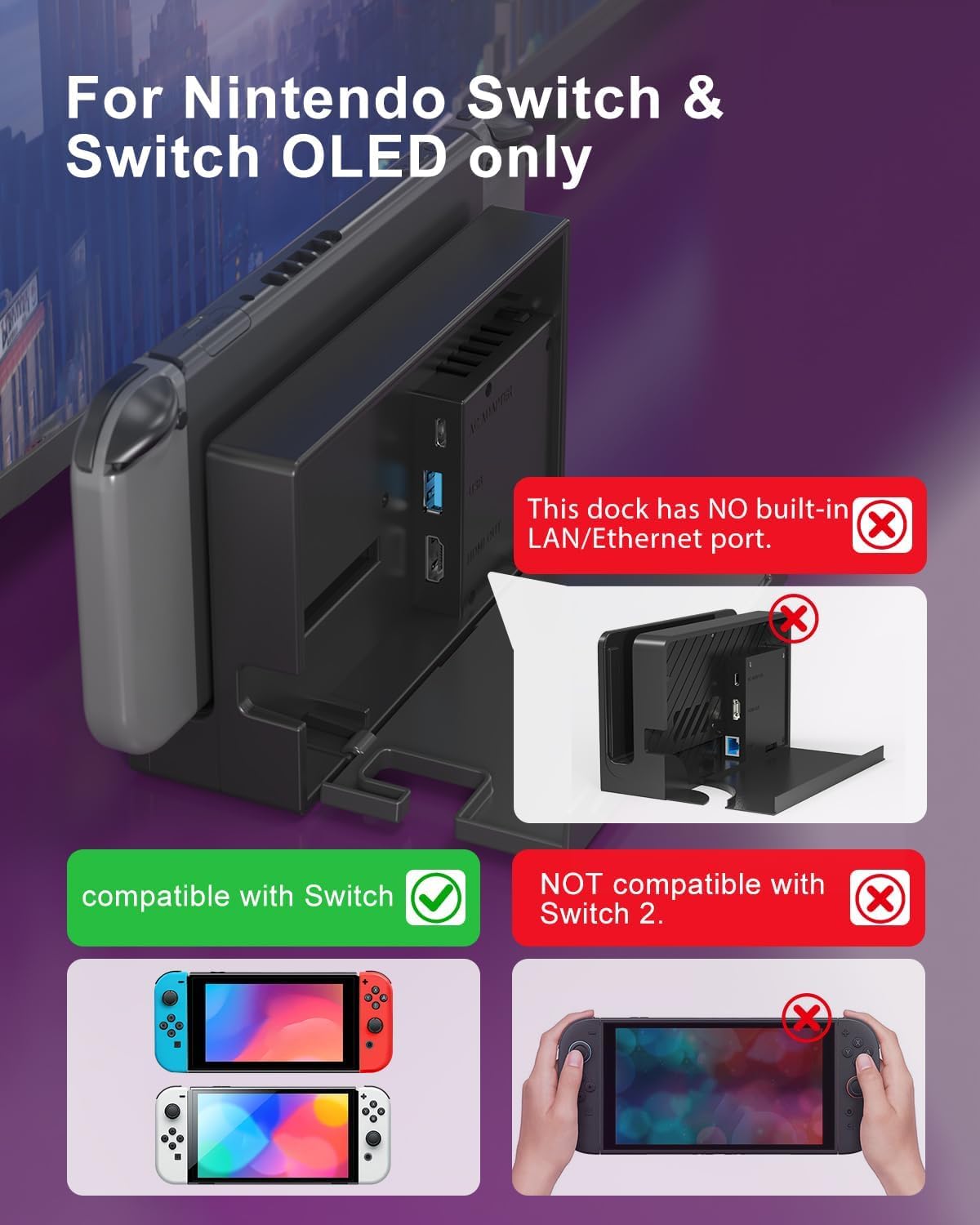 Dock Station para Nintendo Switch/Switch OLED, Set de Bodega 3 en 1 con Módulo IC Original, Cargador AC y Cable HDMI de Alta Velocidad para Salida 1080P HD (No compatible con Sw 2)