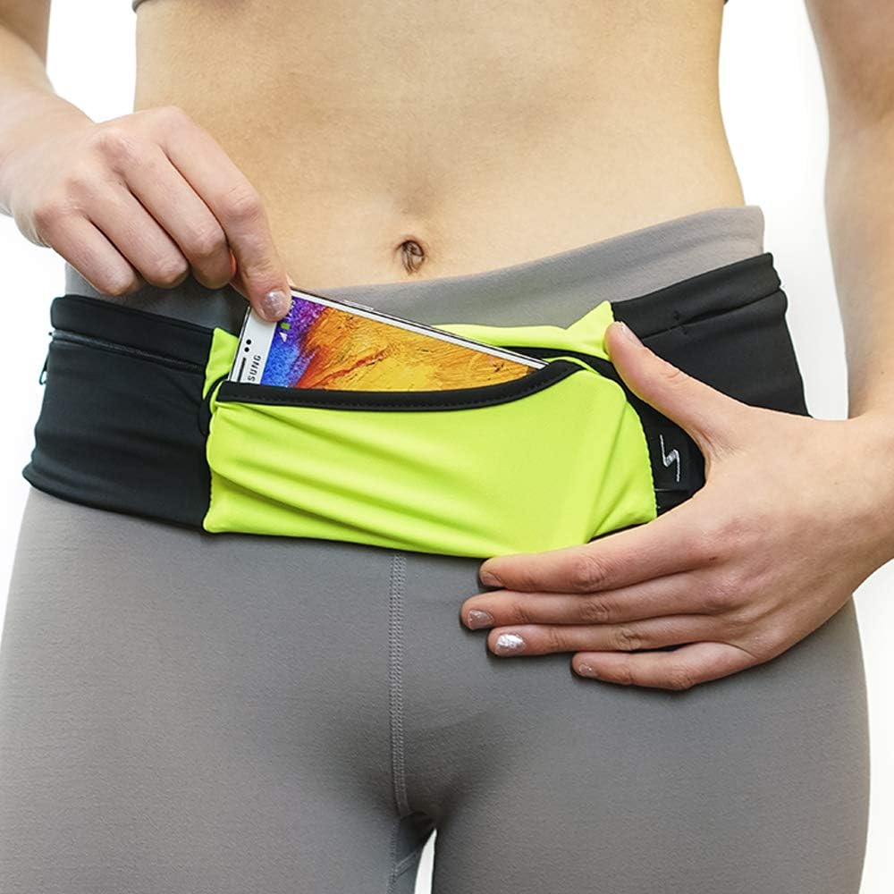 Riñonera ajustable de 3 bolsillos para correr, riñonera para entrenar con respaldo resistente al sudor, soporta todos los modelos de iPhone, HiViz/Negro, Cinturón para correr de 3 bolsillos versión 1