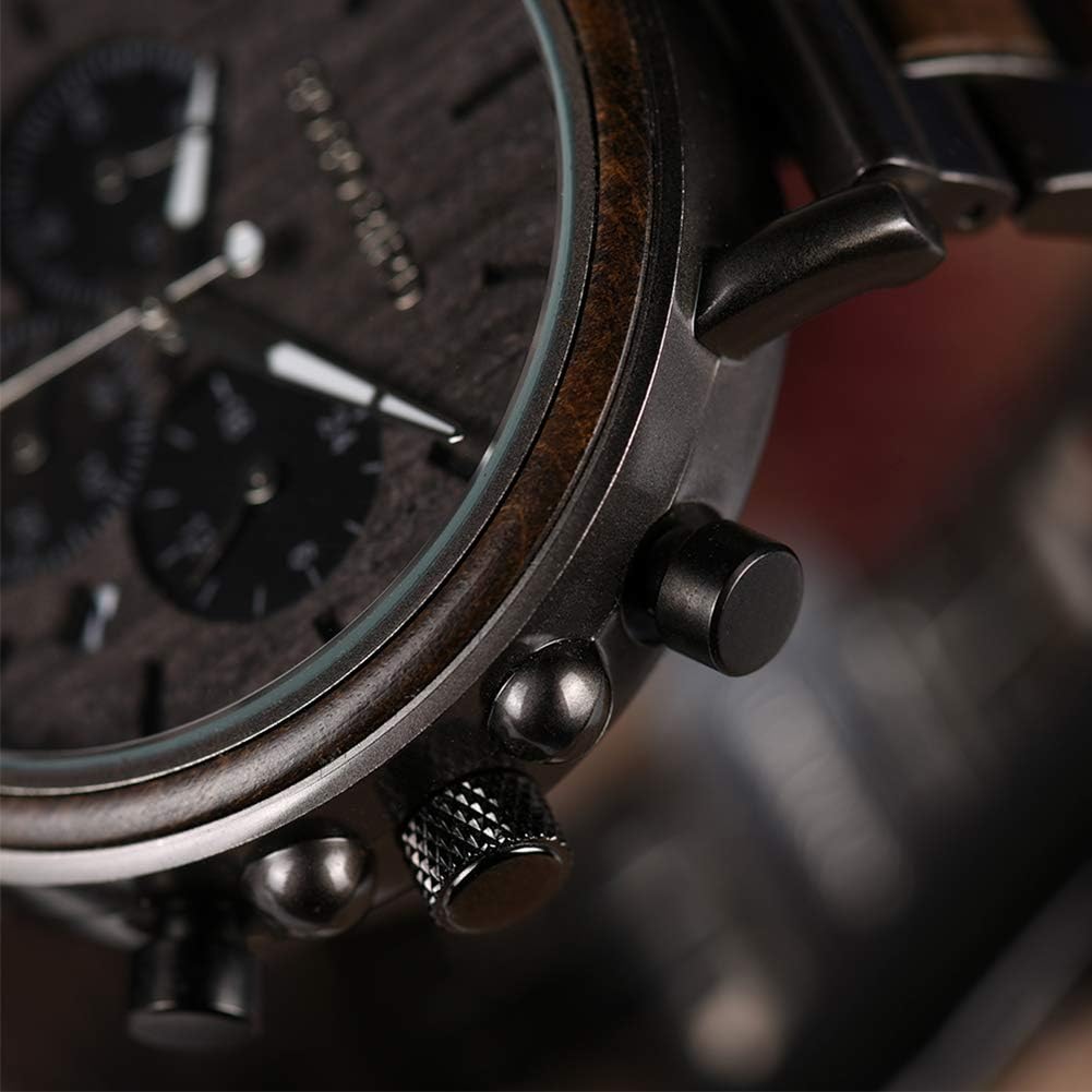 BOBO BIRD Relojes de madera para hombre, con cronógrafo combinado de madera y acero inoxidable, cuarzo militar, relojes de pulsera casuales