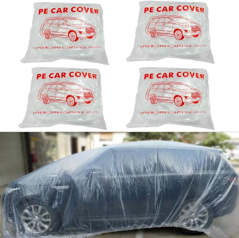 4 paquetes de fundas desechables de plástico transparente para automóvil, cubierta universal de lluvia y polvo para garaje con banda elástica, mediana (15.7 pies x 24.6 pies)