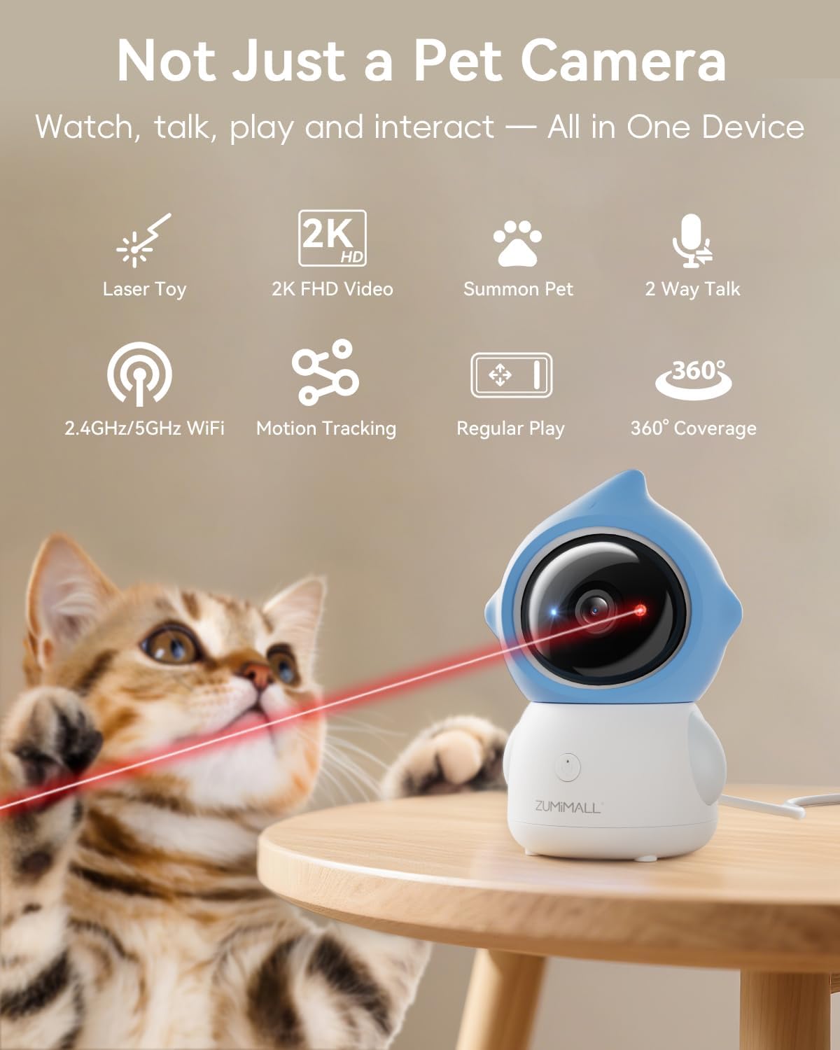 ZUMIMALL Cámara para mascotas con juguete láser, cámara WiFi 2K para perros