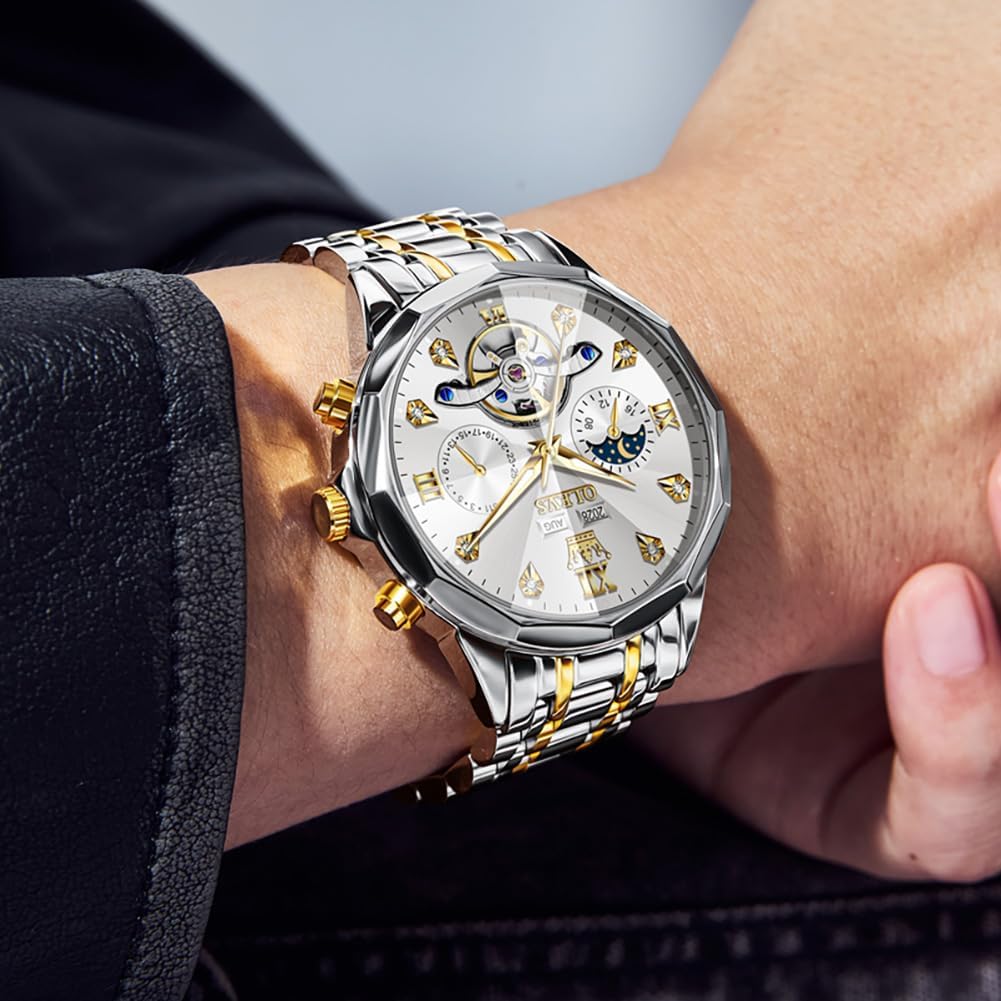 Reloj OLEVS Skeleton para Hombre Automático de Negocios Lujo con Diamante, Reloj Automático de Carga, Reloj de Pulsera con Calendario de Acero Inoxidable