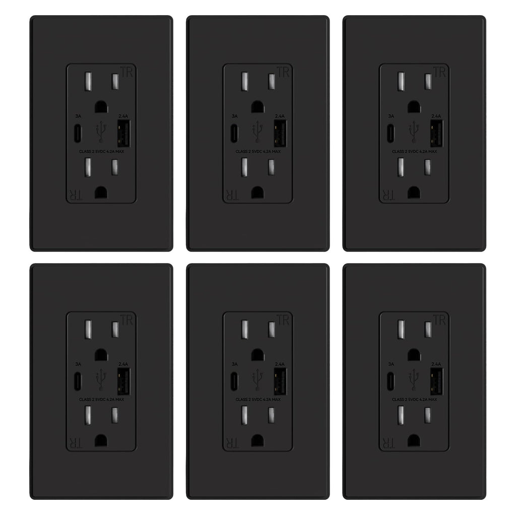 ELEGRP Cargador USB de pared, receptáculo USB con puertos USB tipo A y tipo C, enchufe dúplex de 15 amperios resistente a manipulaciones NEMA 5-15R, placa de pared incluida, certificación UL (paquete