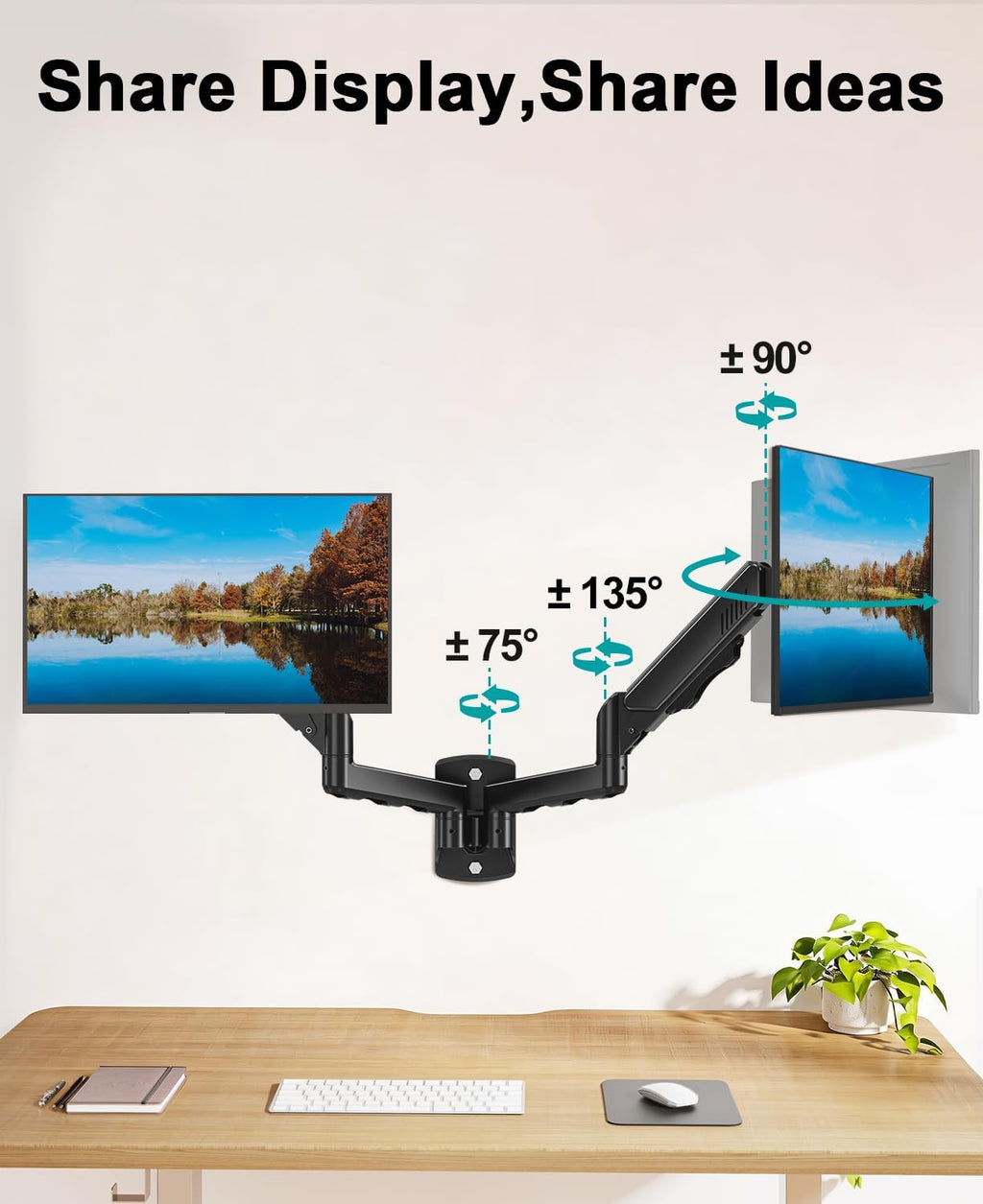 MOUNT PRO Soporte de pared para monitor dual para 2 pantallas de computadora de hasta 32 pulgadas, brazo de pared de doble monitor con capacidad para hasta 19.8 libras cada uno, soporte de monitor de