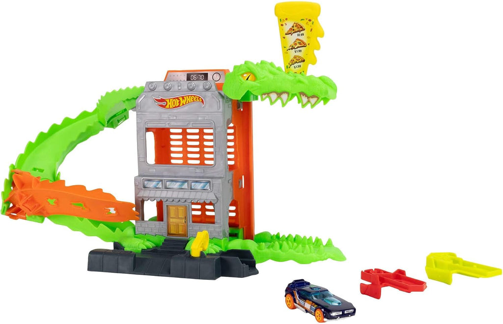 ​Hot Wheels Croc Pizza Attack Playset y auto de juguete a escala 1:64