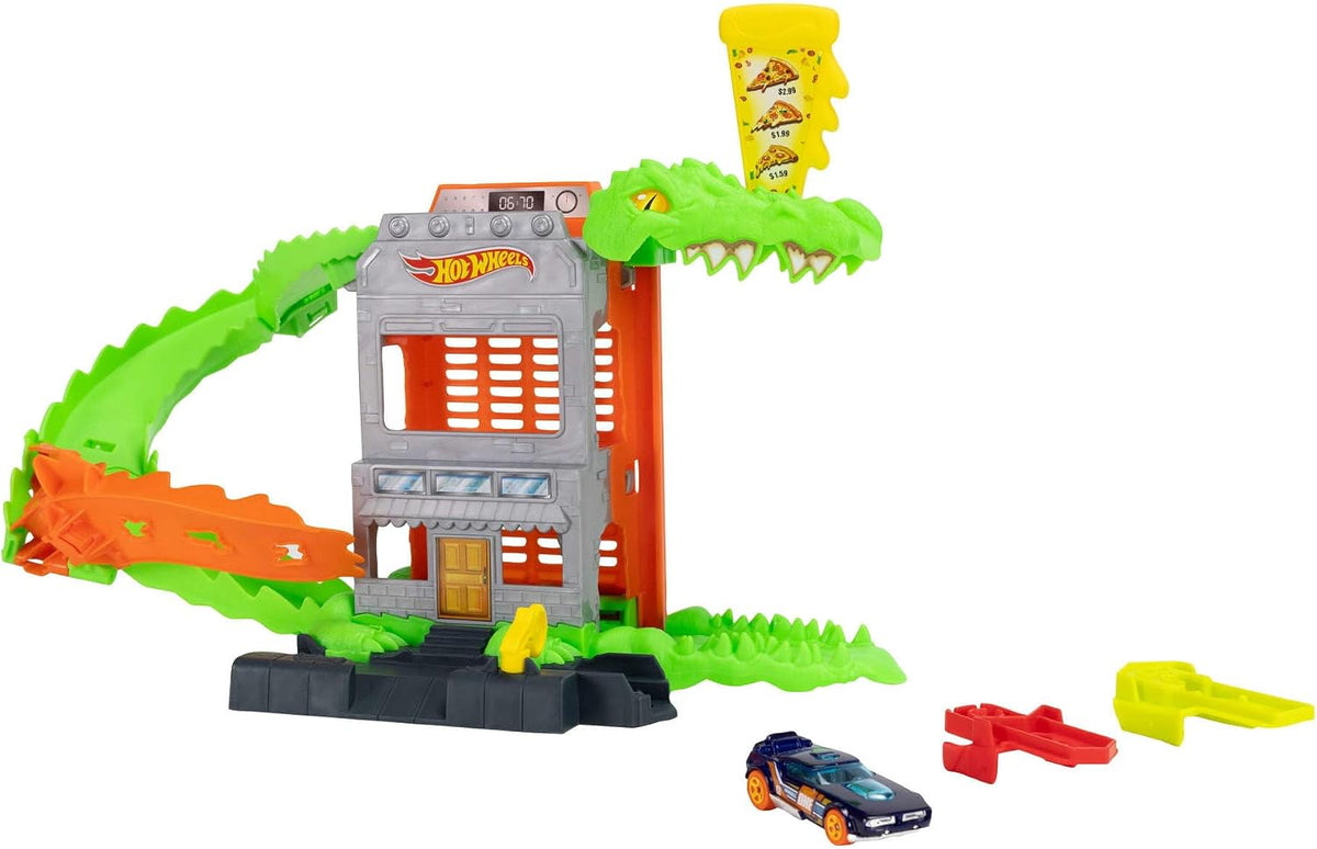 ​Hot Wheels Croc Pizza Attack Playset y auto de juguete a escala 1:64