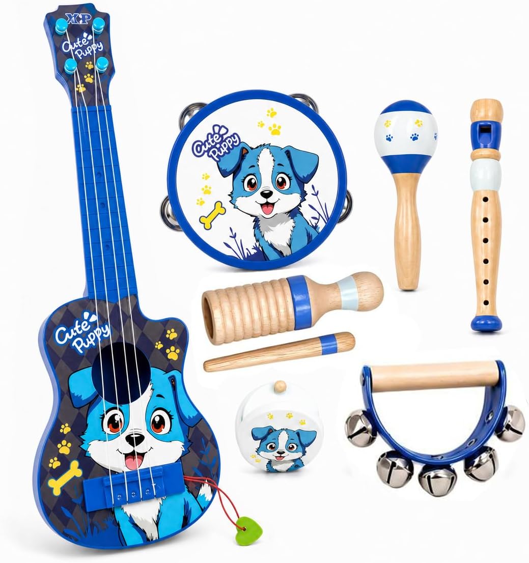 Juego de juguetes de guitarra para niños, instrumentos musicales duraderos a prueba de caídas 7 en 1 para niños de 3 a 5 años, lindo juguete de ukelele de animales con pandereta de madera, guiro