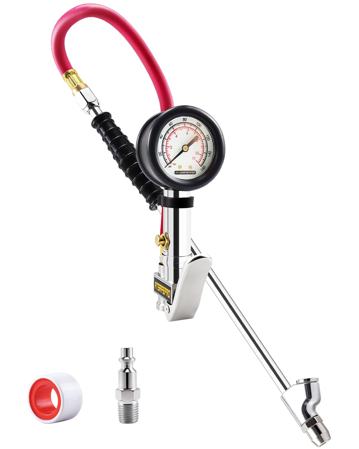 ATsafepro Inflador de neumáticos con manómetro, 10-160 PSI, mandril...