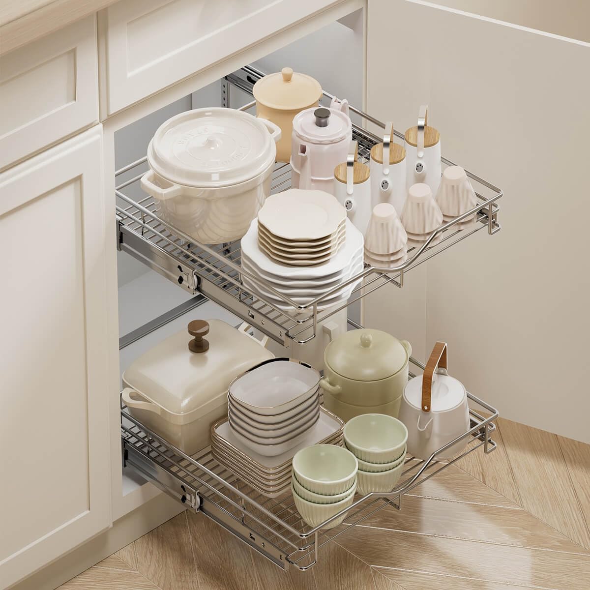 DINDON Organizador de cajones extraíble de 2 niveles (17 pulgadas de ancho x 21 pulgadas de profundidad), estante deslizante de cesta de alambre de doble nivel para gabinete base de cocina, acabado