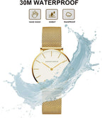 Relojes dorados para mujer, reloj de cuarzo redondo con clase, minimalista, impermeable, pulsera de acero inoxidable, reloj para mujer