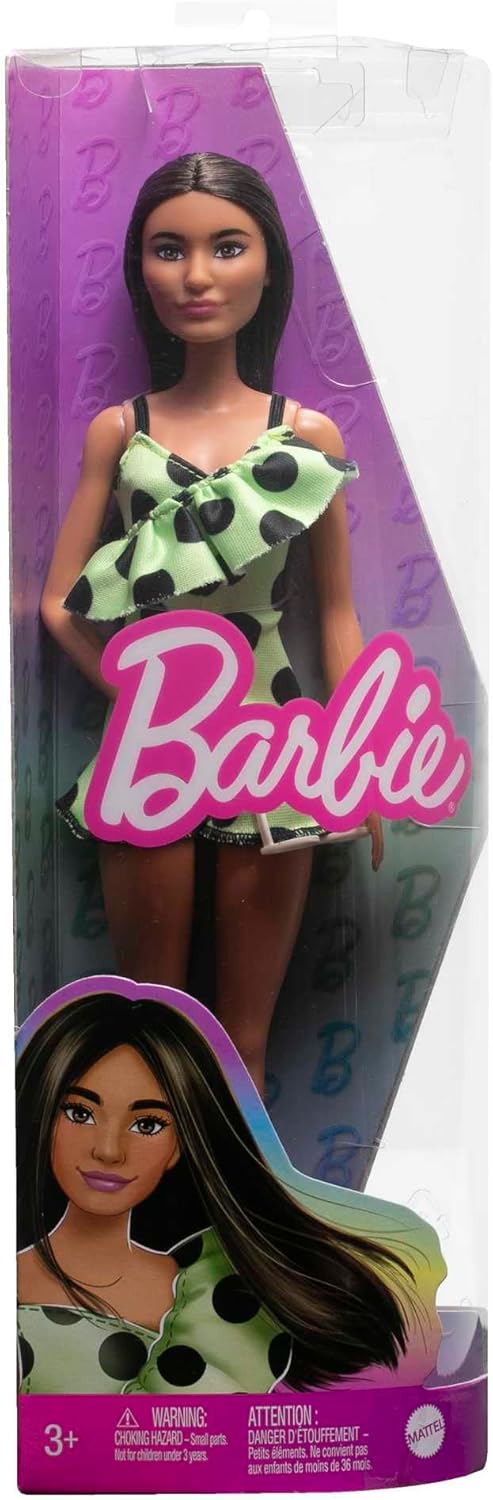 Barbie Fashionistas Doll #200 con pelo moreno, mameluco de lunares...