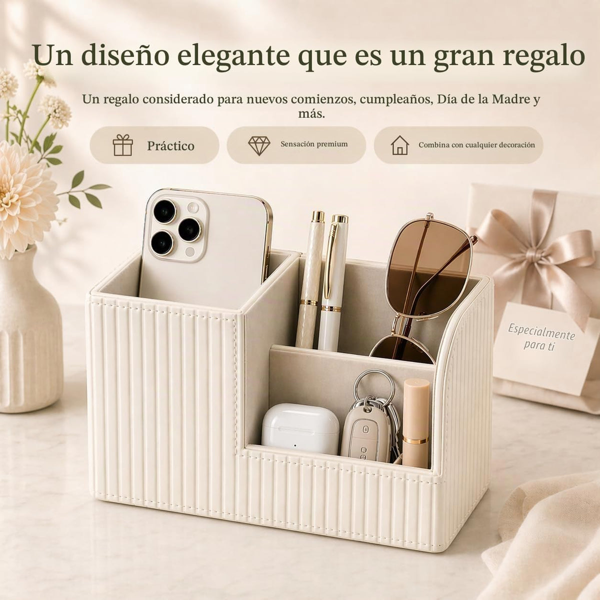 Organizador de bolígrafos de escritorio, suministros de oficina, organizador de piel sintética, caja de almacenamiento multifunción para bolígrafos/lápices, teléfono celular, tarjetas de nombre de negocios, soporte de control remoto (blanco marfil)