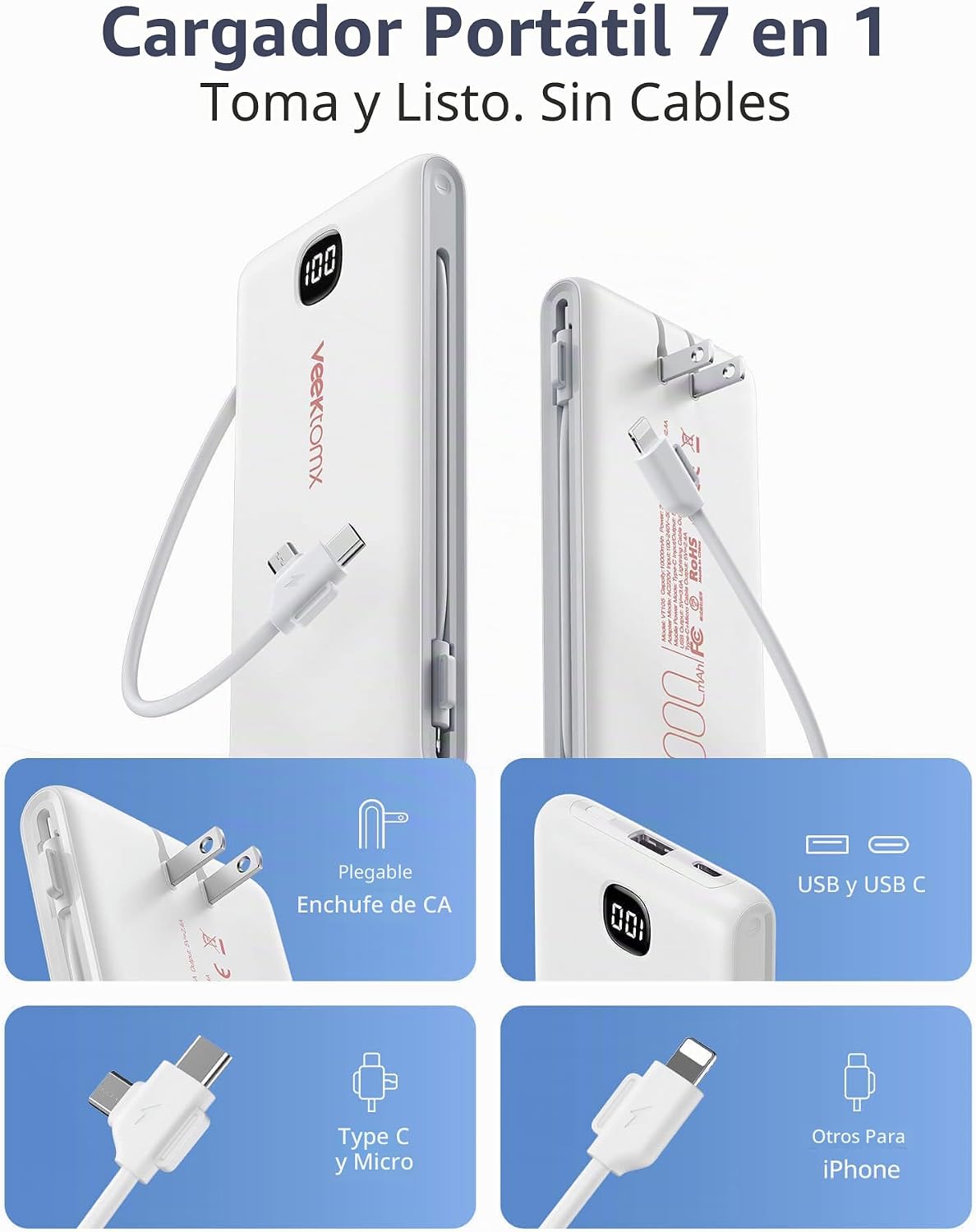 VEEKTOMX Cargador portátil con cables integrados de 10000 mAh, banc...
