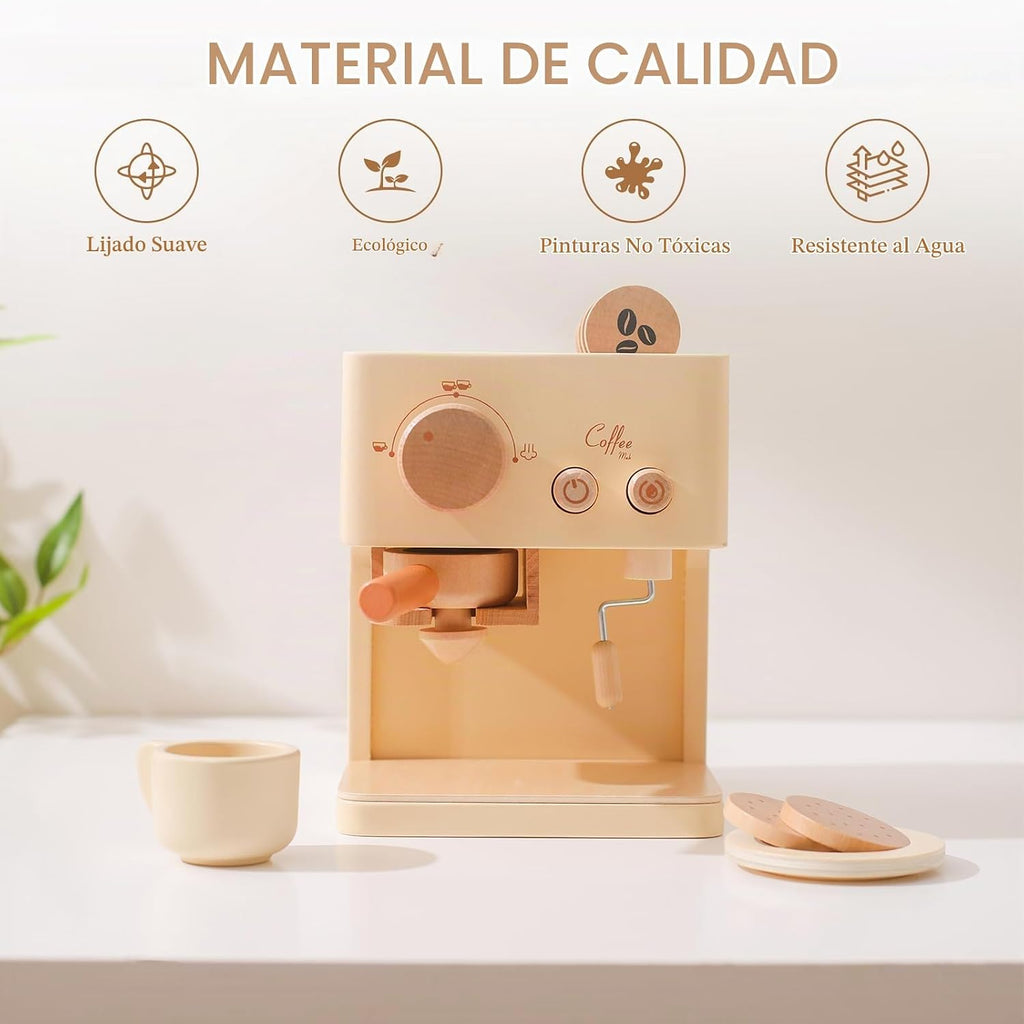 ibwaae Cafetera para niños, 10 piezas, juego de cafetera de juguete, juego de cocina de madera, juguetes para niños pequeños, accesorios de cocina, juegos de comida de juego de simulación para niñas y