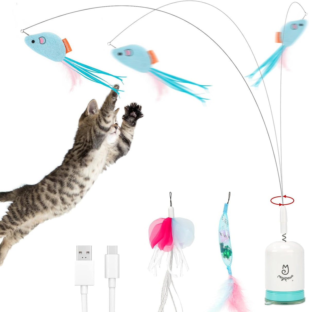 Migipaws Juguete automático interactivo para gatos con ventosa fuerte, alambre flexible de 27.6 in y diseño de doblez de bricolaje, juguete de ejercicio recargable para gatos con temporizador automático para gatos de interior (blanco)
