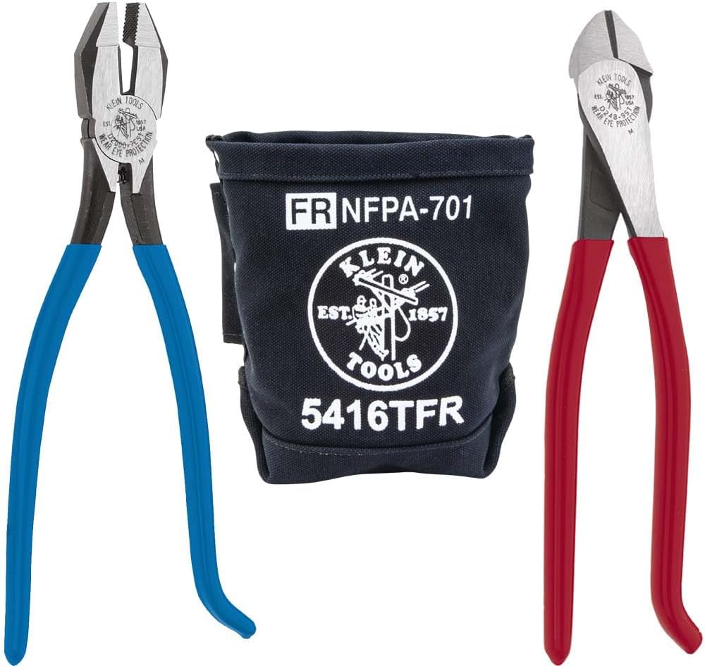 Klein Tools 80081 Juego de alicates, fabricado en EE. UU., conjunto con alicates de corte diagonal para herrero, cortadores laterales resistentes y bolsa de herramientas de lona resistente al fuego, 3
