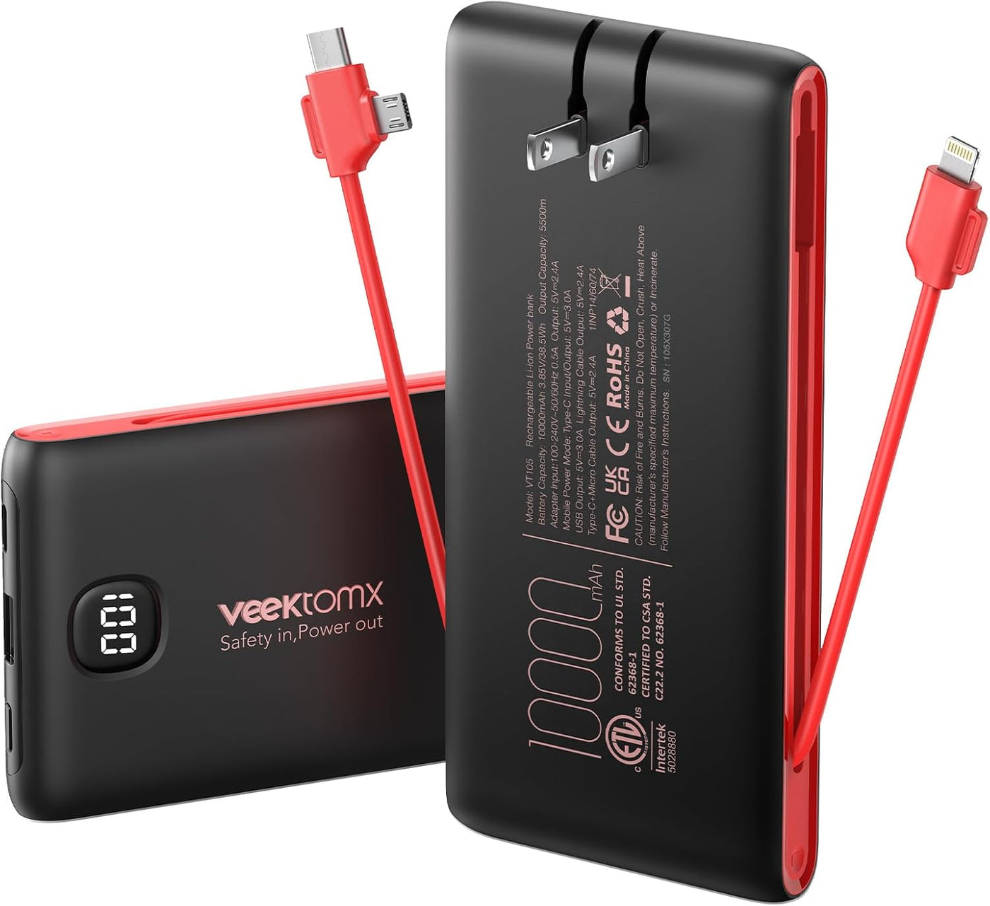 Cargador portátil de batería con cables integrados y enchufe de par...