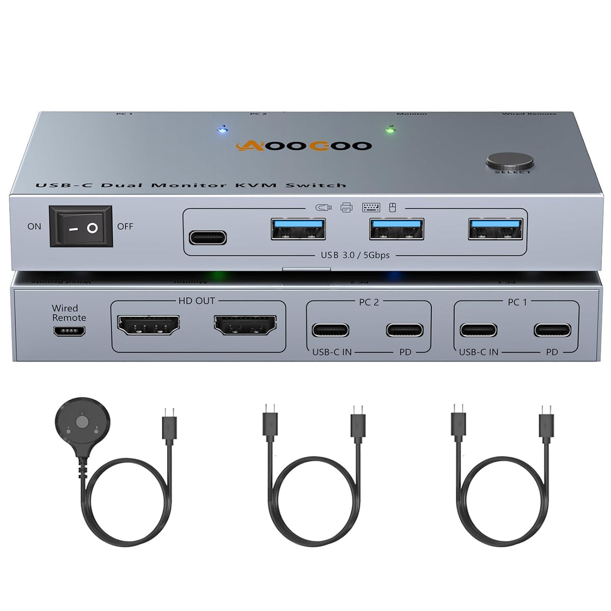 Conmutador KVM USB-C, 2 computadoras portátiles, 2 monitores, interruptor KVM de doble monitor 4K a 60Hz que comparte 2 pantallas y 4 dispositivos USB3.0, con PD de 100 W, control remoto con cable y