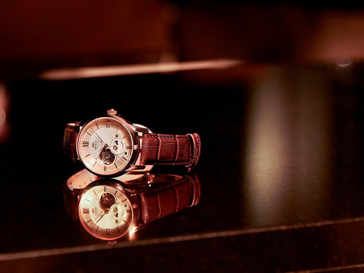 ORIENT Reloj mecánico clásico semi esqueleto Sun & Moon RN-AS0002S para hombre