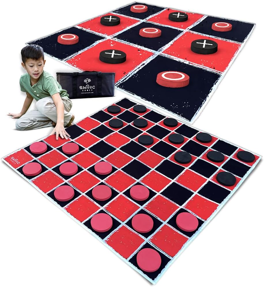Swooc Games® - Juego de Damas Gigantes Vintage 2 en 1 y Tic Tac Toe con Tapete (4 pies x 4 pies) - Lona 100% Lavable a Máquina - Juegos Gigantes al Aire Libre para Niños - Juego de Patio para Niños