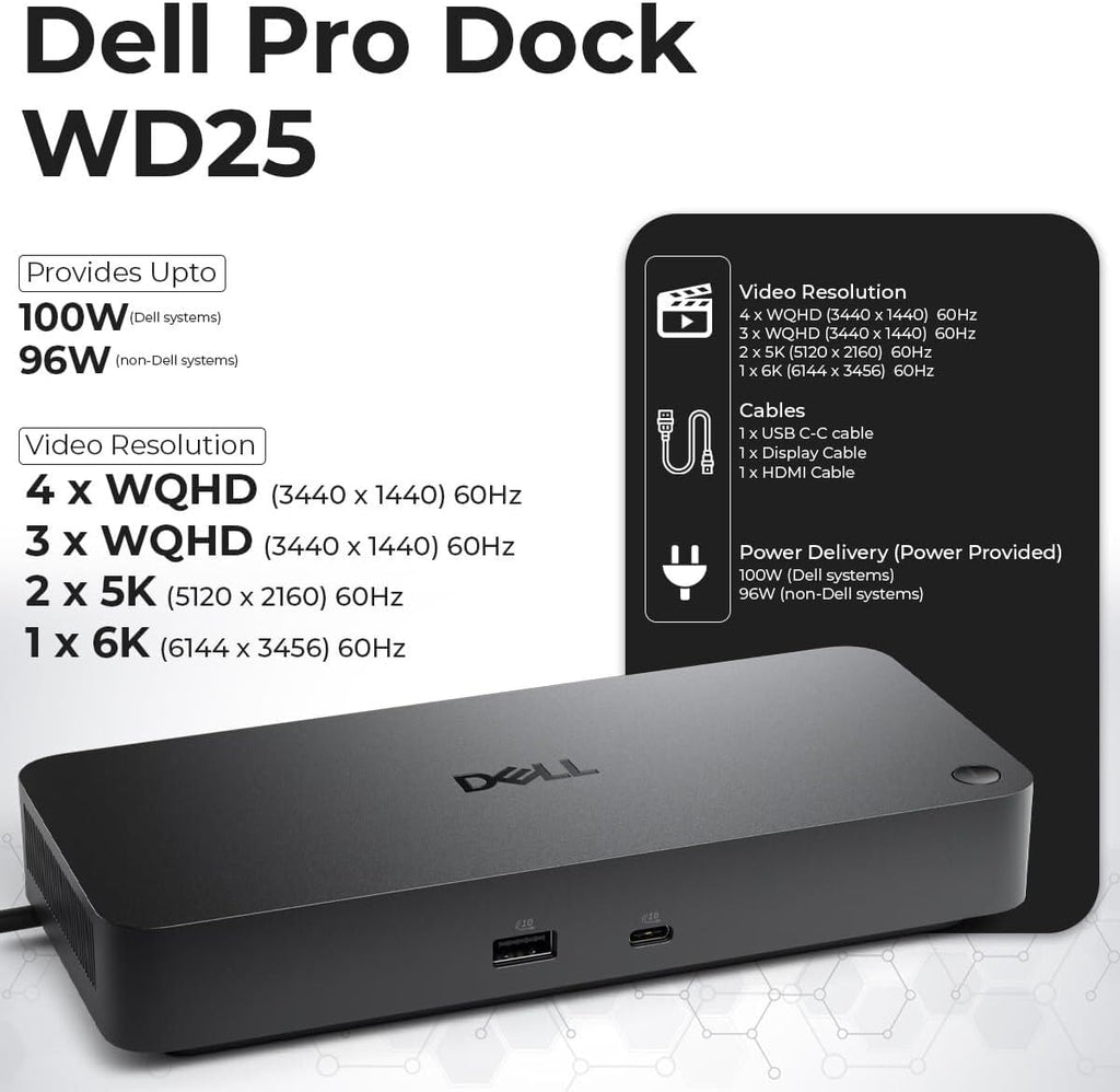 Estación de acoplamiento Pro Dock WD25 USB-C – 100 W de potencia, soporte de pantalla 4K dual, incluye HDMI Anyhdd, DisplayPort y cable C a C, garantía de 3 años