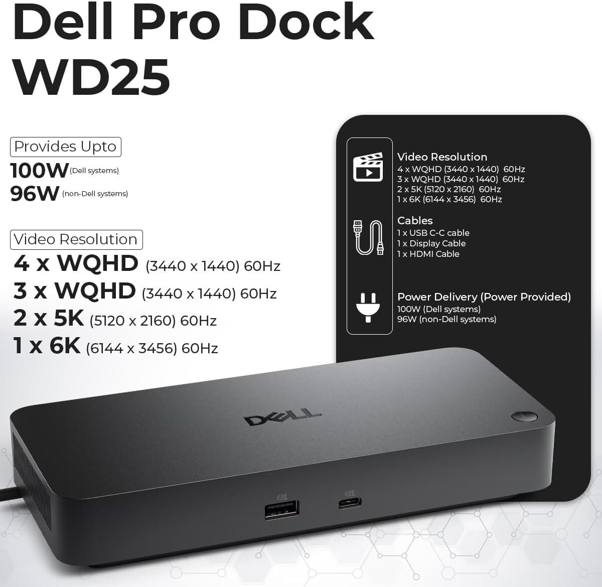 Estación de acoplamiento Pro Dock WD25 USB-C – 100 W de potencia, soporte de pantalla 4K dual, incluye HDMI Anyhdd, DisplayPort y cable C a C, garantía de 3 años