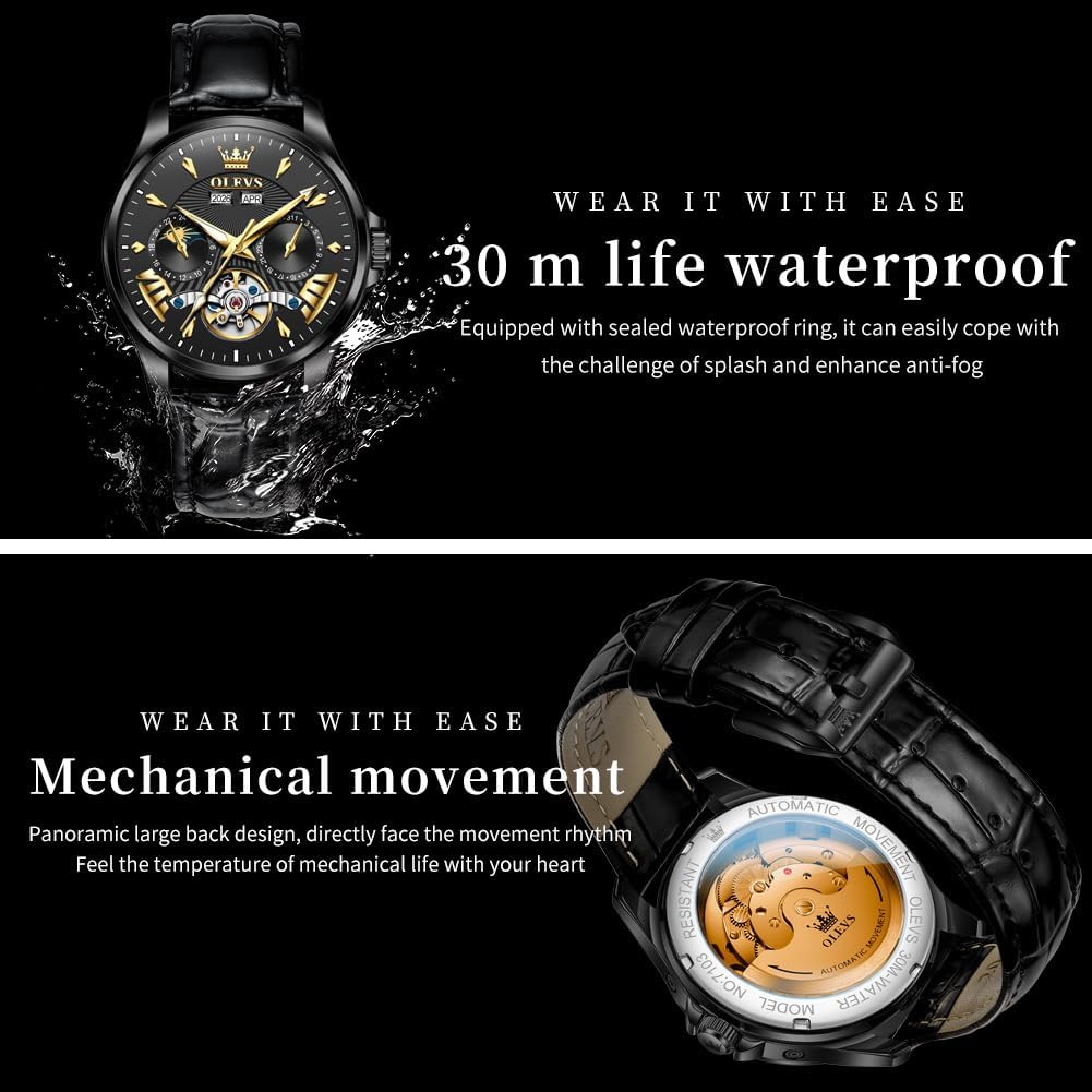 OLEVS - Relojes automáticos para hombre, multicalendario, con fase lunar, 3ATM impermeable, reloj de lujo clásico para negocios, de pulsera