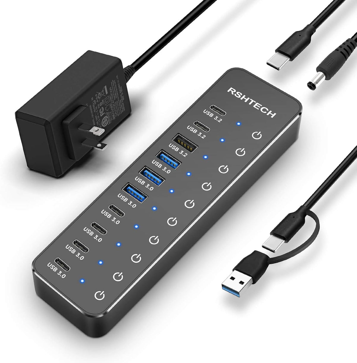 RSHTECH, RSH-ST10C-6, hub USB 3.2 de 10 puertos, alimentado, adaptador 12V/5A