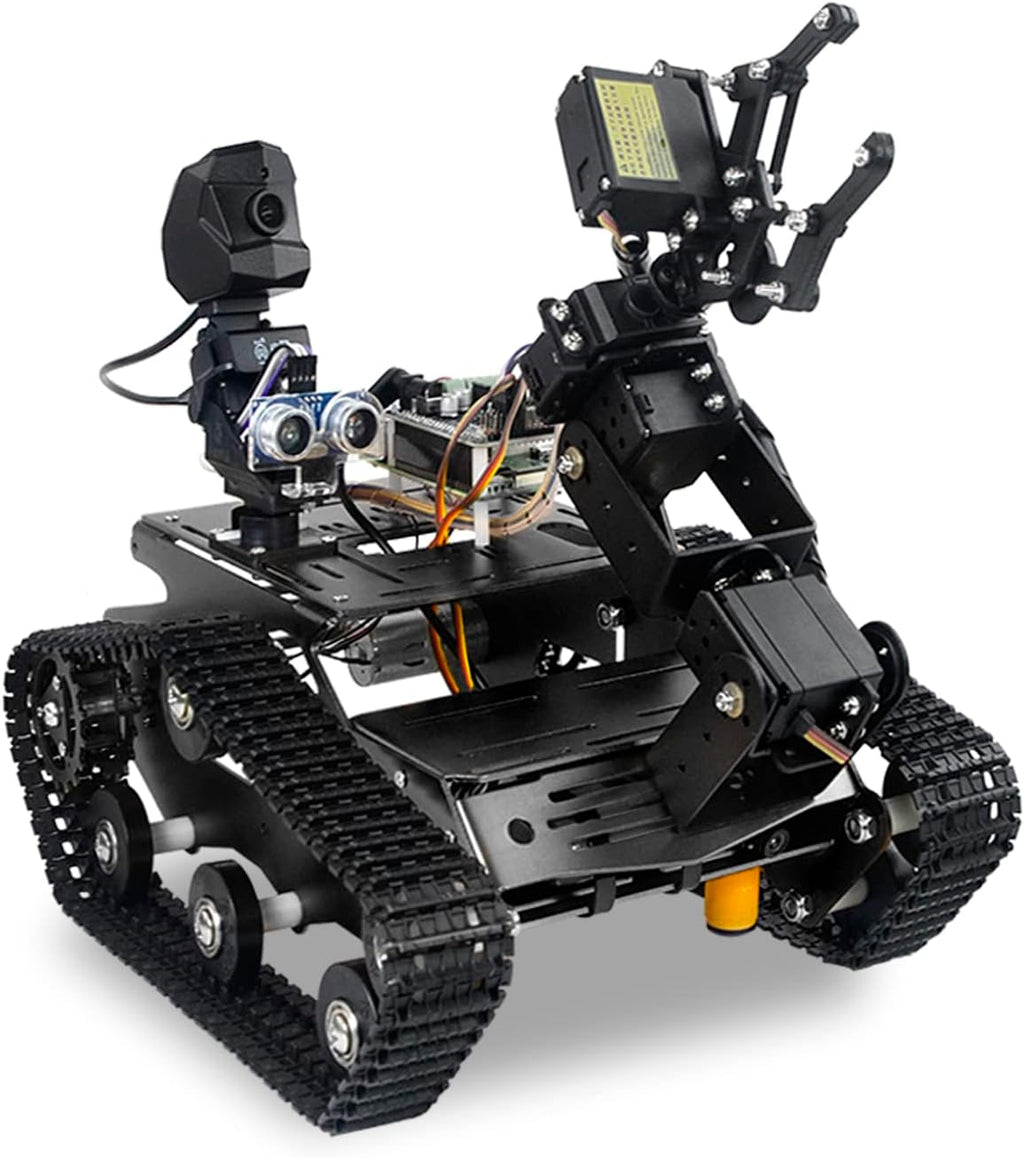 Kit de robot inteligente WiFi para Raspberry Pi 5 4B 3B, 4DOF robótico brazo pista tanque chasis robot coche con cámara HD Proyecto de programación de sensor infrarrojo ultrasónico para mayores de 14 años (sin Raspberry Pi)