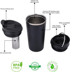 GiNT Taza de viaje de 17 onzas con infusor y dos tapas. Taza de café de acero inoxidable 316 aislada al vacío. Taza apta para lavavajillas con colador de té para café o té caliente y frío (negro)