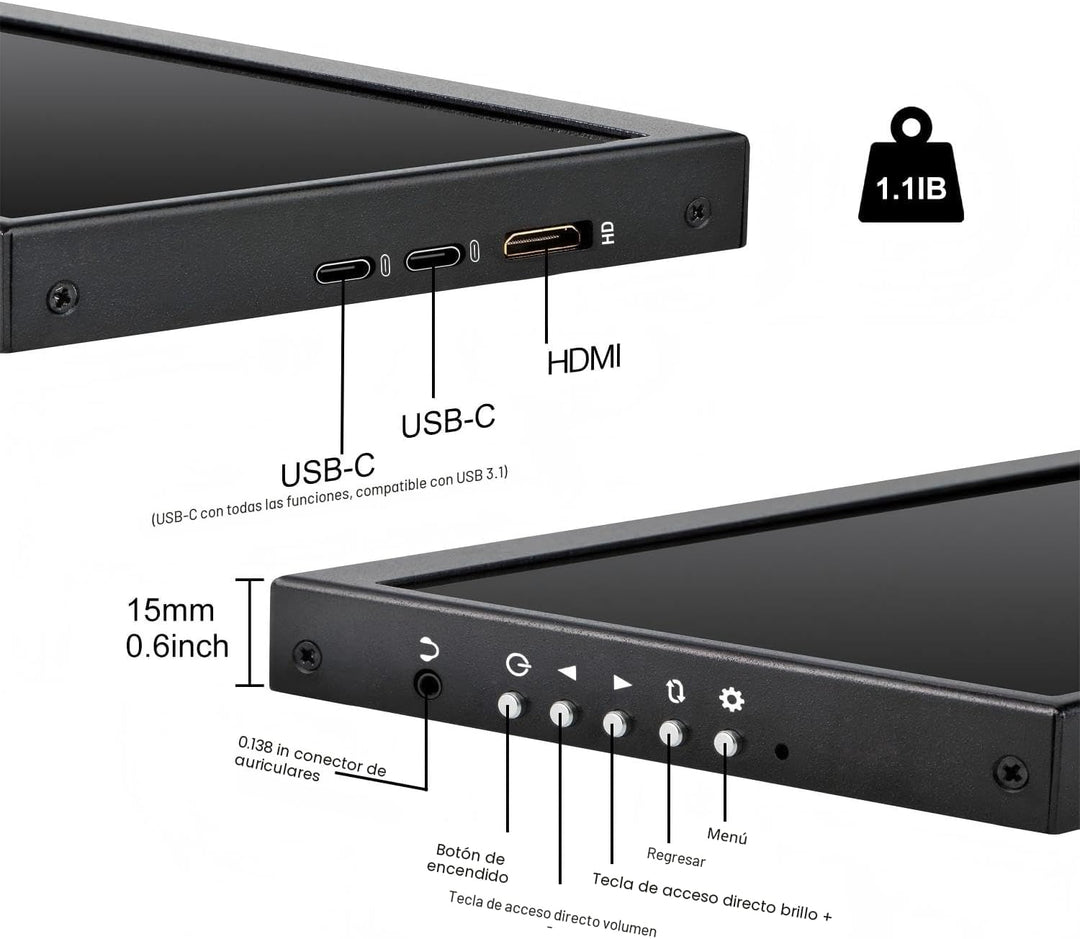 Monitor Secundario de 12.3 Pulgadas, Pantalla de Viaje LCD IPS de B...