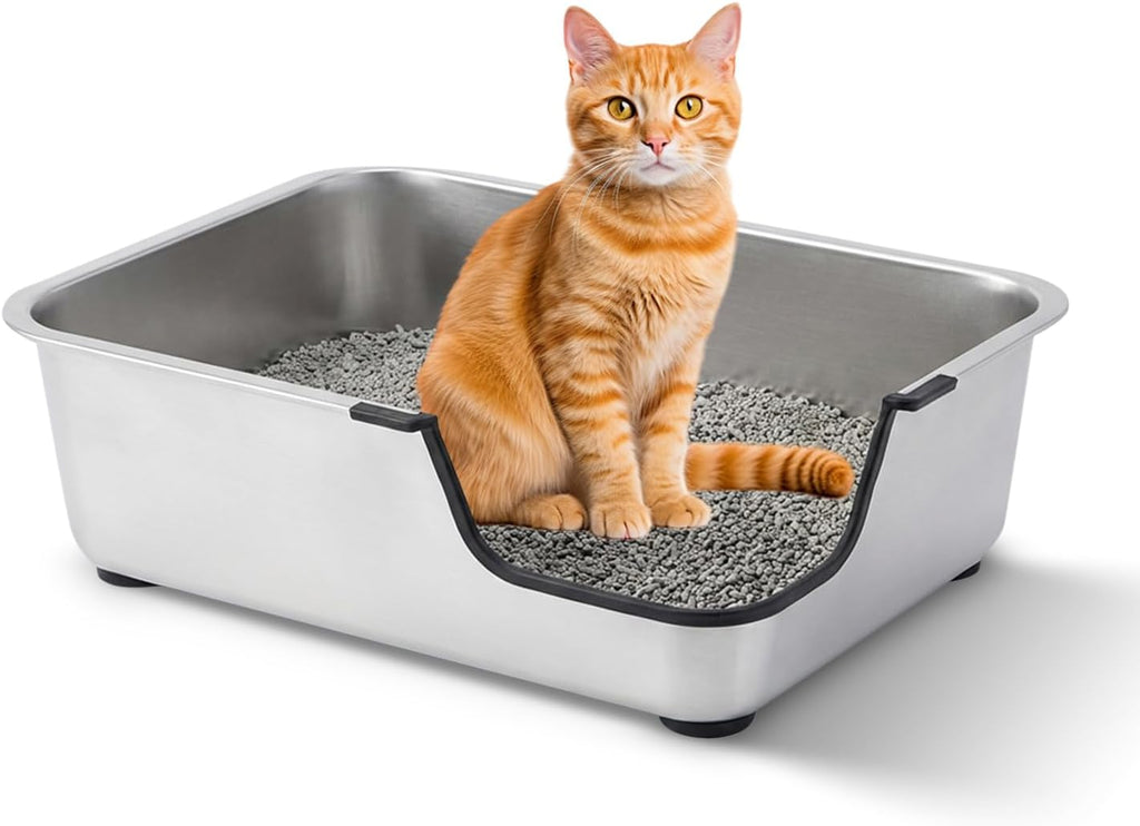 Caja de arena para gatos de acero inoxidable, 17.5 pulgadas de largo x 13.6