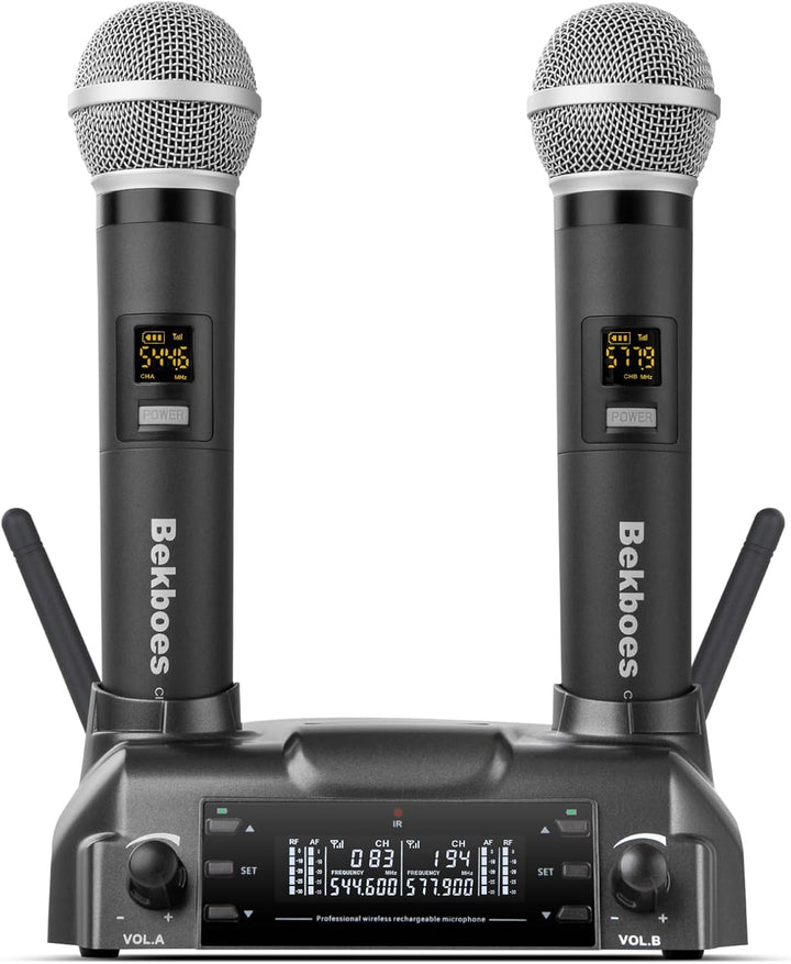 BEKBOES - Sistema de micrófono inalámbrico UHF de doble mano recarg...
