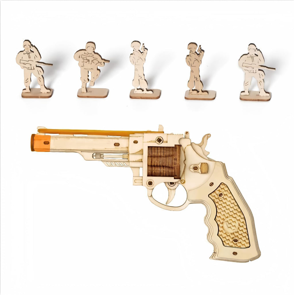 ROKR Rompecabezas de madera 3D, banda de goma, modelo de juguete, kit de manualidades, regalo único, modelo mecánico, rompecabezas de cerebro (juguete de revólver)
