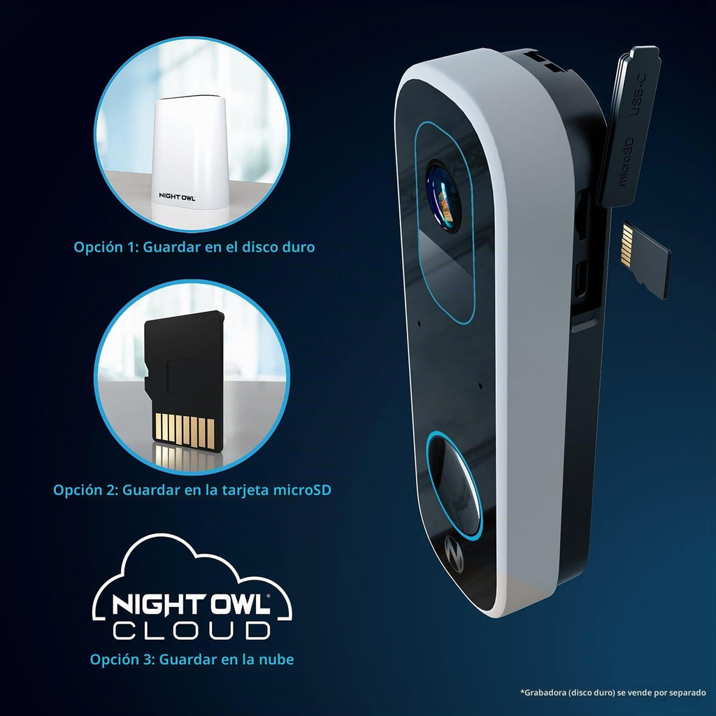 Night Owl 2K Timbre de video inteligente con batería y Wi-Fi de doble alimentación - Negro