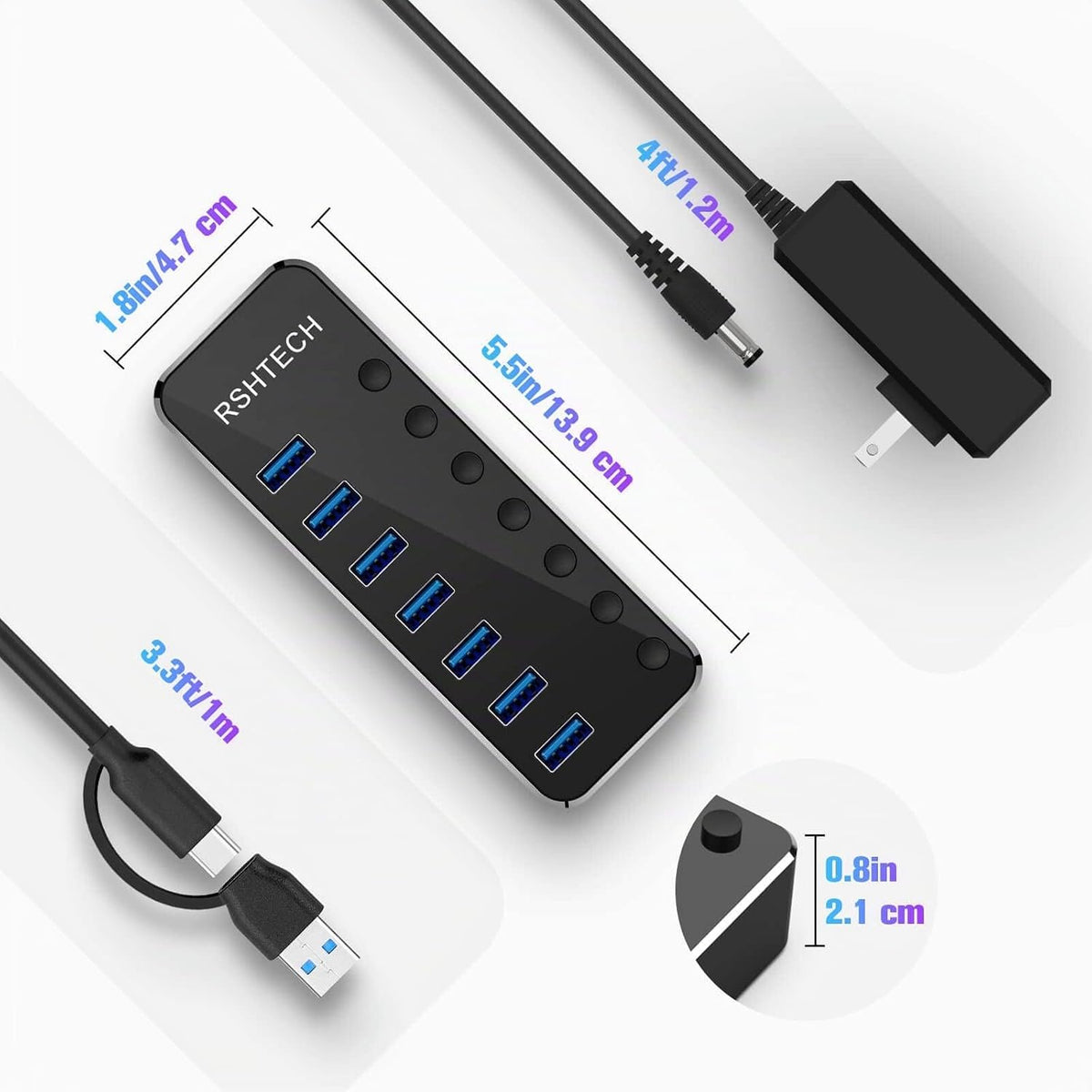 RSHTECH, RSH-ST07, hub USB 3.0 de 7 puertos, alimentado, adaptador 5V/3A