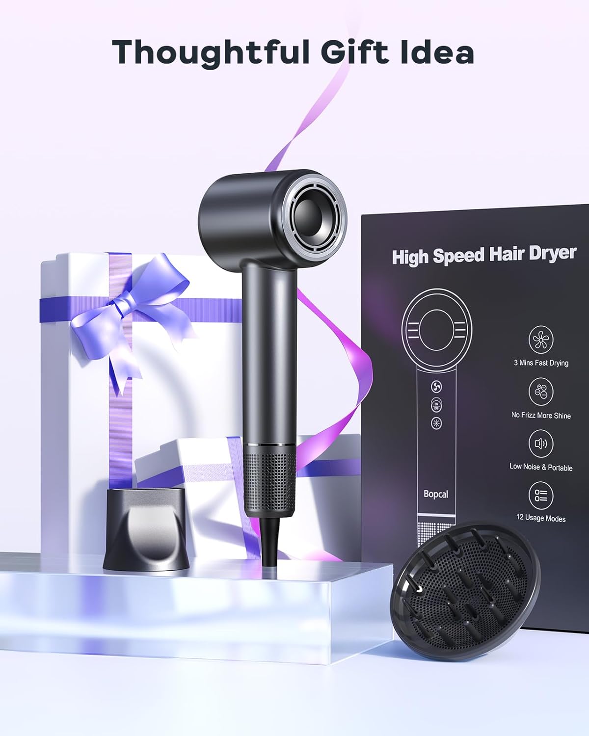 Bopcal Hair Dryer, Ionic Blow Dryer with Diffuser, 150,000 RPM Prof...