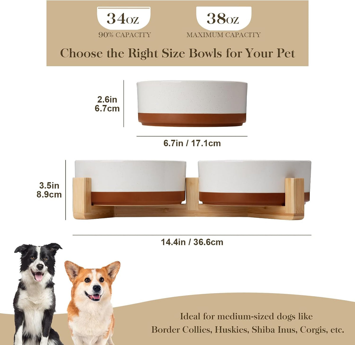 MALACASA Juego de cuencos de cerámica para perros con soporte de madera, 3.5 tazas para perros medianos con base antideslizante, cachorros grandes, gatos, perdigueros, etc. Juego de cuencos básicos para alimentos y agua para mascotas, esmalte mate con
