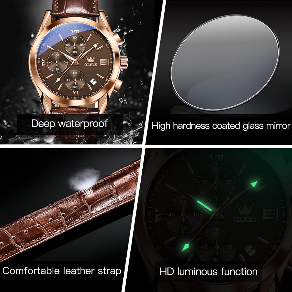 OLEVS Reloj de vestir de cuero para hombre, casual, cuarzo, marrón, pulsera, con fecha