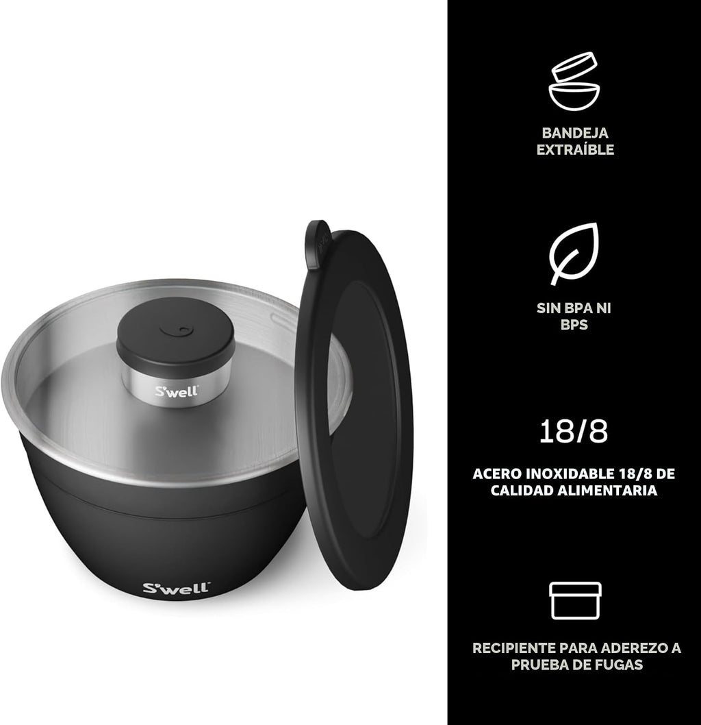 Kit de ensaladera de acero inoxidable S’well de 64oz en Onyx, viene con recipiente de condimentos de 2oz y bandeja removible para servir organizado, a prueba de fugas y apto para lavavajillas