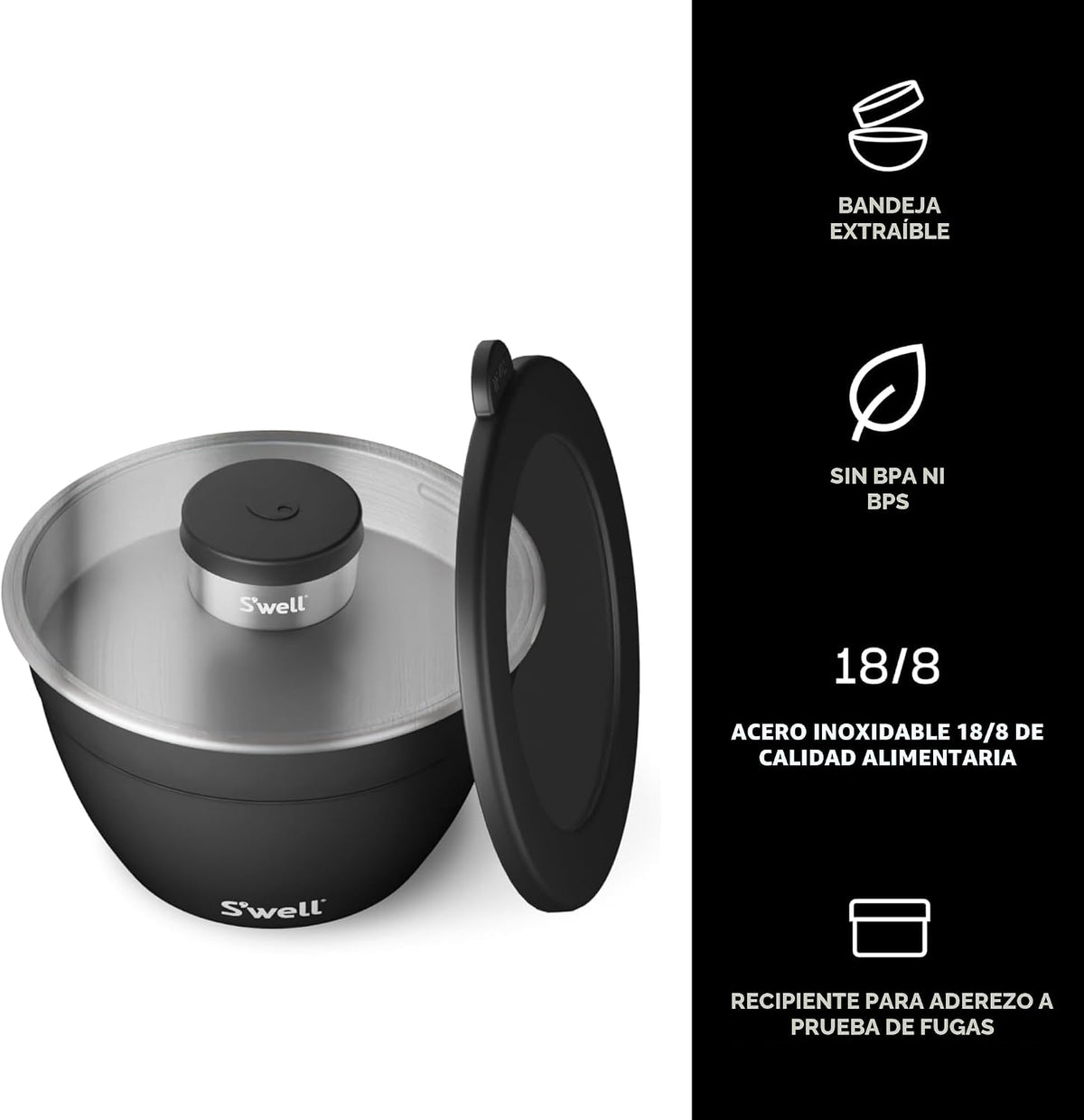 Kit de ensaladera de acero inoxidable S’well de 64oz en Onyx, viene con recipiente de condimentos de 2oz y bandeja removible para servir organizado, a prueba de fugas y apto para lavavajillas