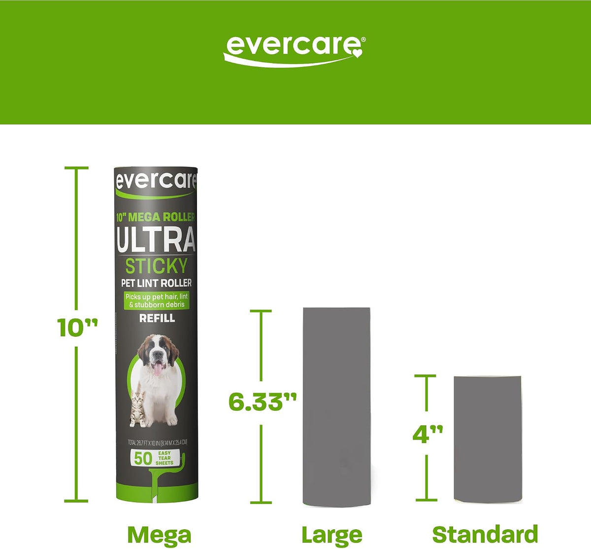 Evercare Paquete de 3 Recargas de Rodillo de Pelo Multiusos Oversized Mega, 50 Hojas Cada una