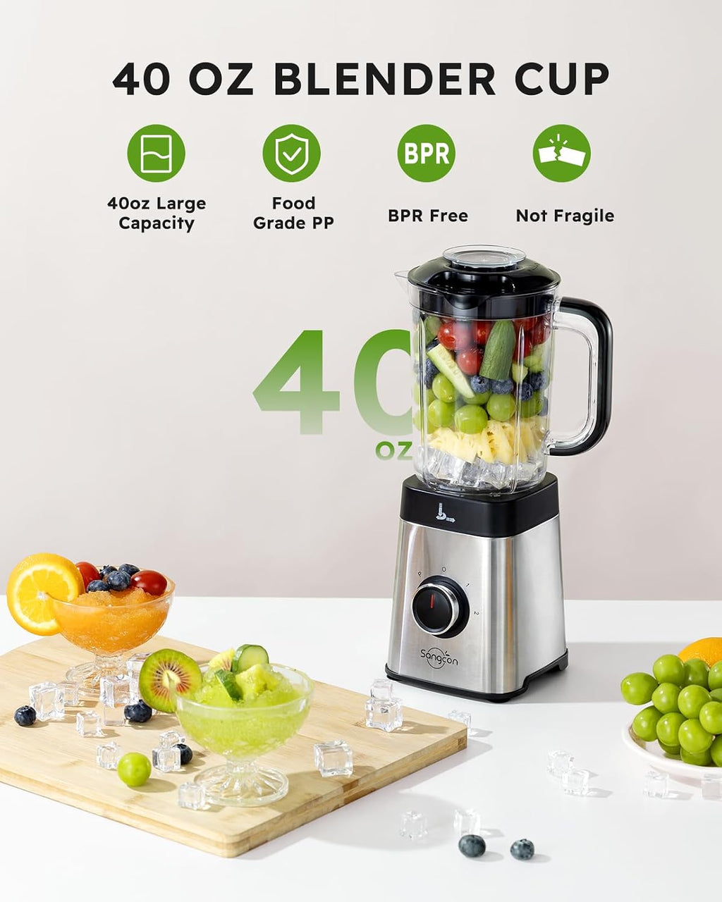 Sangcon Licuadoras y Combo de Procesador de Alimentos para Cocina, Licuadora de 5 en 1 para Batidos y Suave, Carne Picada, Molienda y más, Jarra de 40 oz y Taza de 17 oz con Tapa Para Llevar, Acero
