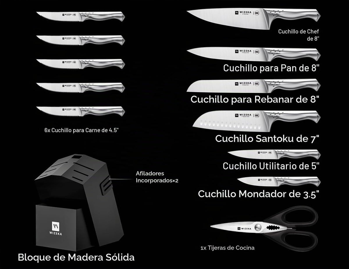 Juego de cuchillos de cocina, juego de 15 piezas con afilador