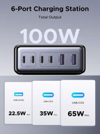 UGREEN Estación de carga USB C de 100 W, cargador de escritorio GaN de 6 puertos con 4 USB-C y 2 USB-A, distribución inteligente de energía para MacBook Pro/Air, Dell XPS, iPad, iPhone 17/16/15