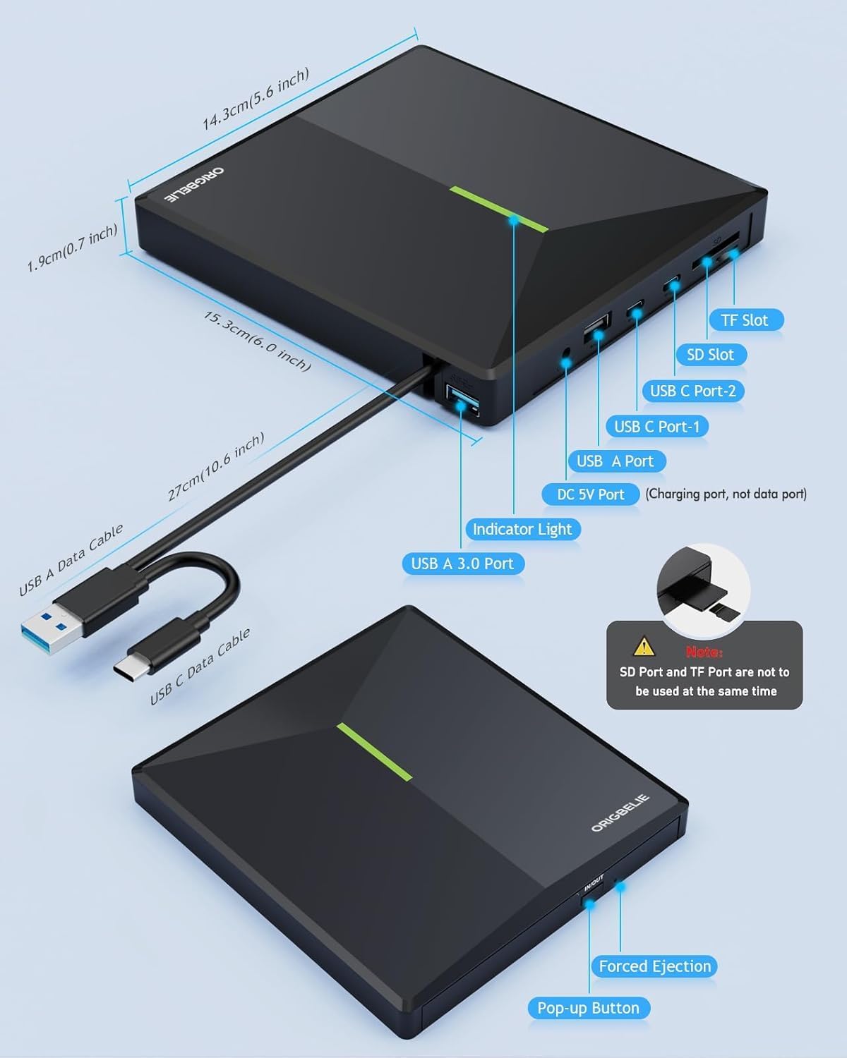 ORIGBELIE Unidad externa de CD\/DVD para portátil, 4 puertos USB y...