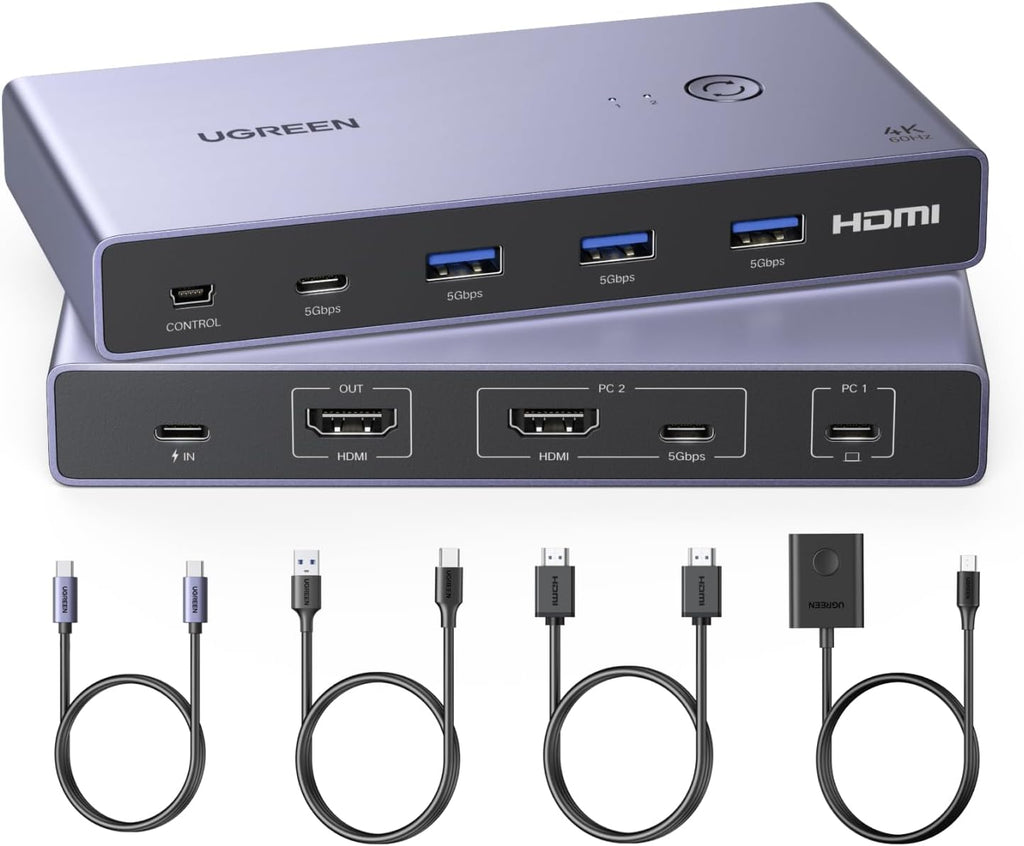 UGREEN Conmutador KVM USB-C+HDMI 1 Monitor 2 Computadoras, 4K@60Hz