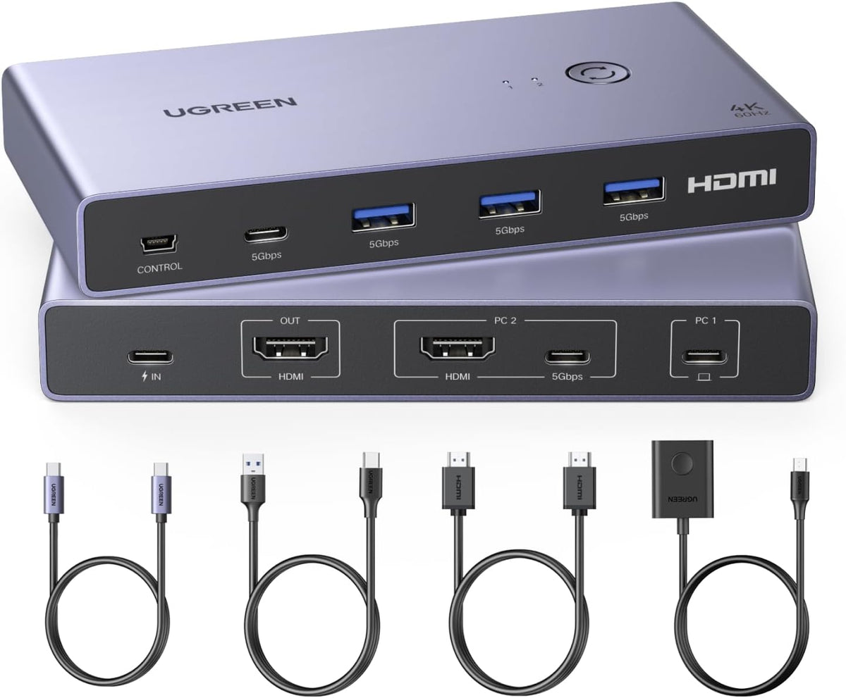 UGREEN Conmutador KVM USB-C+HDMI 1 Monitor 2 Computadoras, 4K@60Hz