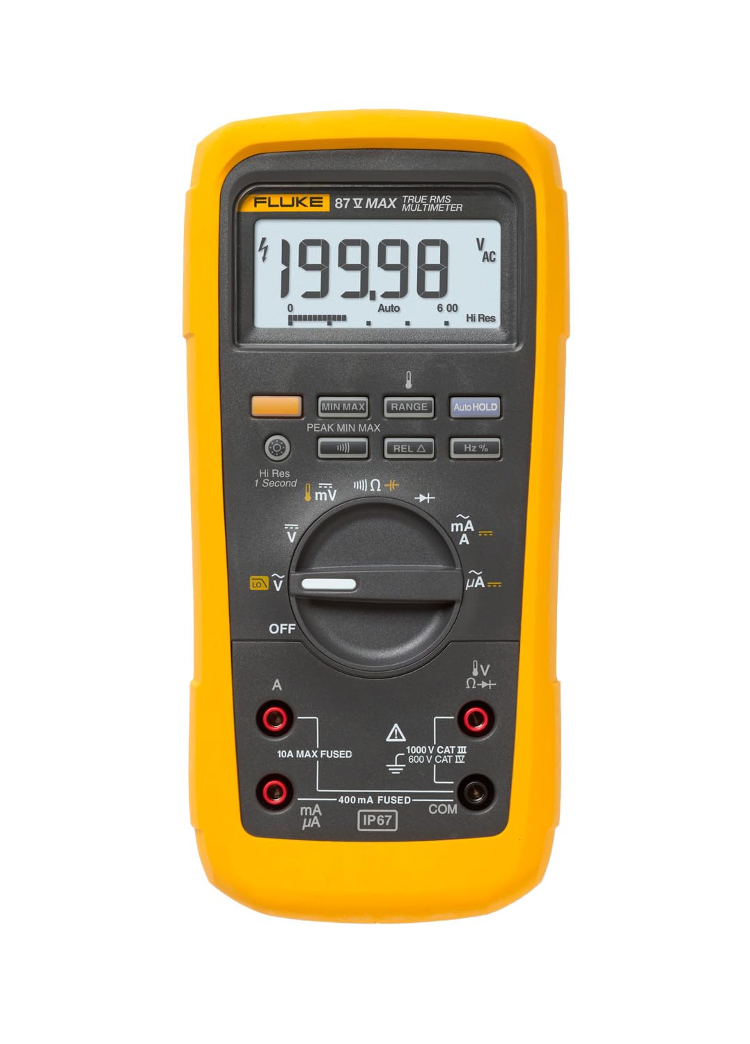 Fluke 87V MAX True-RMS Multímetro digital, resistente, impermeable y a prueba de polvo IP67, capacidad de batería de hasta 800 horas, termómetro incorporado, soporta caídas de hasta 13 pies, incluye